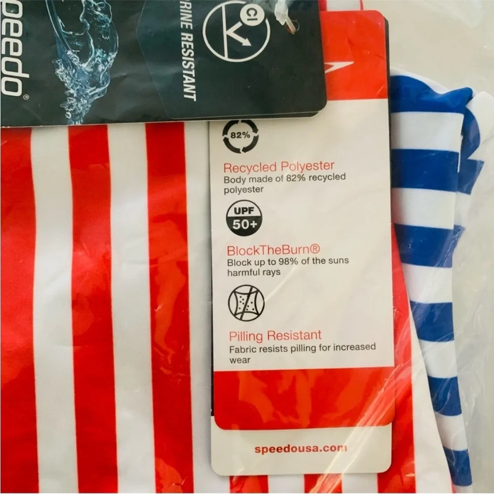 Speedo Girl’s Swimsuit One Piece Blue and Red Stripes Size 16 NWT UPF 50+
